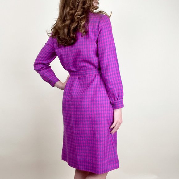 Vintage 100% Wool Plaid Check Midi Shirt Dress Long Sleeve Barbiecore Saturated - Picture 2 of 6